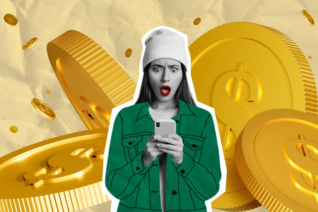 Composite collage picture image of shocked female hold gadget earning money trader financier fantasy billboard comics zine minimalの写真素材
