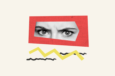 Composite photo collage of female face bodyless headless caricature anger grimace wrinkles frown eyes stare isolated on painted backgroundの写真素材