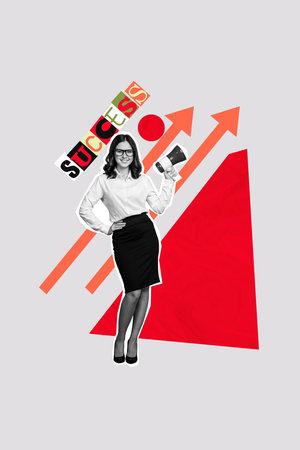 Vertical creative collage standing young smiling businesswoman bullhorn success achievement arrows self improvement aspirationの写真素材