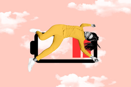 Composite 3d photo collage of young tired girl lie stick tongue battery low level red charge rest isolated on painted backgroundの写真素材