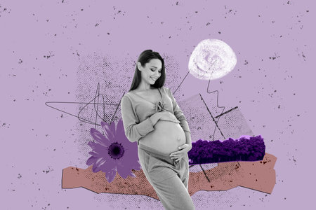 Composite photo collage of happy pregnant girl stand touch belly flowers chrysanthemum tree mother day isolated on painted backgroundの写真素材