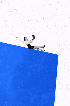 Vertical creative photo collage artwork young successful businesswoman making progress in business...