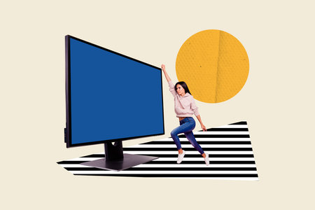Creative collage picture young confident persistent girl go raised hands computer monitor surreal...