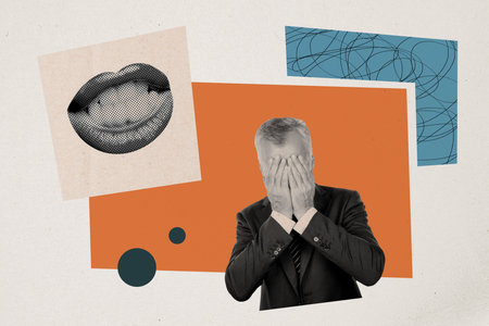 Creative concept composite photo collage of sad upset businessman palms cover face think about woman lips isolated drawn color backgroundの写真素材