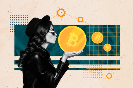 Creative picture collage young stylish woman bitcoin token hold blow lips checkered background setting economy growth drawing backgroundの写真素材