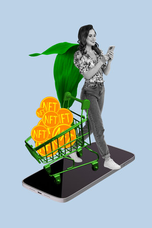 Vertical photo collage picture walking young girl smartphone shopping cart market consumer bitcoin trader rich earnings profitの写真素材