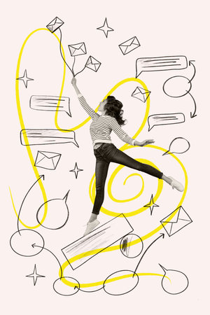 Creative trend collage of entrepreneur female jumping reach goal employee professional expert weird...
