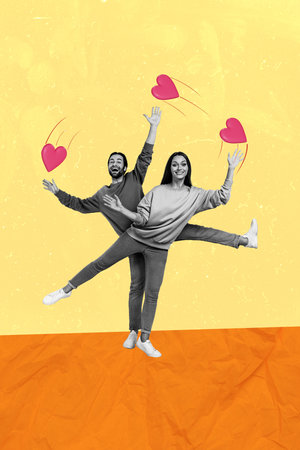 Vertical 3d photo collage of young couple dance peek wave hand palm hearts feelings relationship love isolated on painted backgroundの写真素材