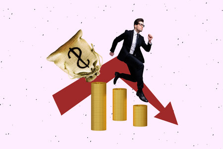Creative collage running young businessman entrepreneur golden coins tokens crypto trader money bag...