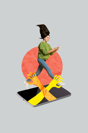 Vertical collage young cheerful girl go walking typing browsing smartphone screen hands catch internet device addiction drawing backgroundの写真素材