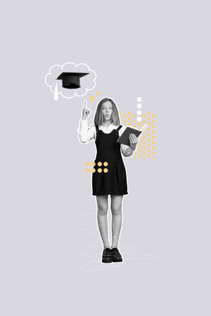Vertical photo collage of shocked teenage girl point master cap hold book education student university isolated on painted backgroundの写真素材