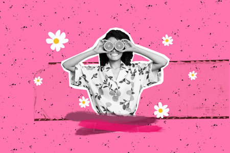 Composite photo collage of young american woman hold orange citrus instead eyes juicy flowers chamomile isolated on painted backgroundの写真素材