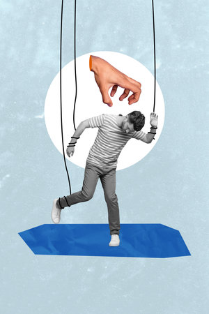 Vertical photo collage image young man manipulated authority strings doll puppet mass media control brainwashed zombie human armの写真素材