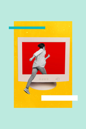 Vertical photo collage young man run step inside pc screen monitor addicted user remote worker distant modern technology drawing backgroundの写真素材