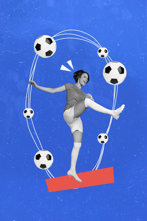 Creative trend collage of funny female playing football sportive lifestyle exercise practicing workout weird freak bizarre unusual fantasyの写真素材