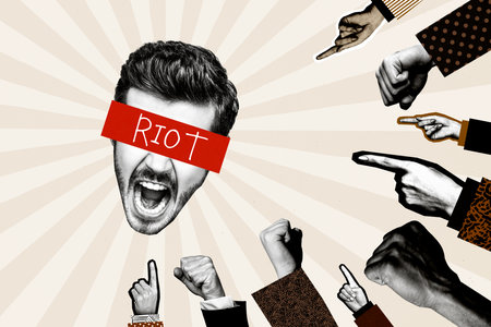 Composite photo collage of crowd people anonym guy scream hate abuse society riot rebellion problem...