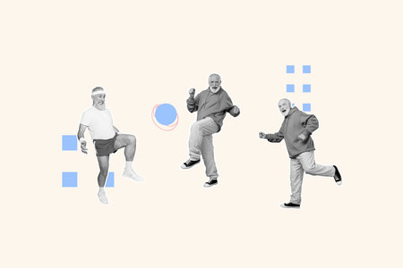 Composite photo collage of three male pensioners play football kick ball championship league health...