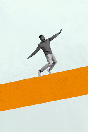 Vertical collage image of impressed speechless black white effect guy stand balancing dancing isolated on creative backgroundの写真素材