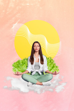 Vertical collage picture of calm peaceful girl sit clouds meditate big lettuce leaf sun isolated on painted backgroundの写真素材