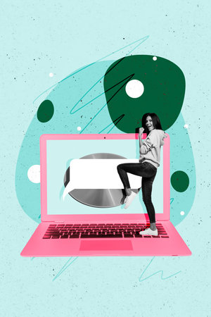 Collage artwork image of happy cheerful glad woman receive message notification yes isolated on drawing backgroundの写真素材