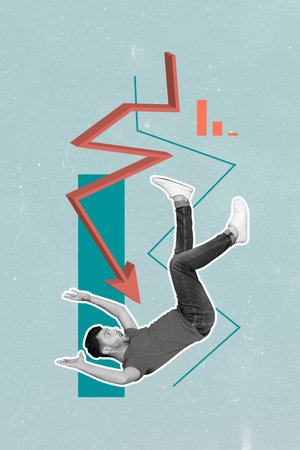 Vertical photo collage of young man scream fall arrow failure down bankrupt problem loss decline recession isolated on painted backgroundの写真素材