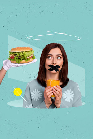 Creative retro 3d magazine collage image of hungry lady denying eating junk food isolated colorful backgroundの写真素材