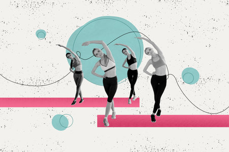 Composite photo collage of young girls do bend group sport wear lesson trainer team sport fitness pilates isolated on painted backgroundの写真素材