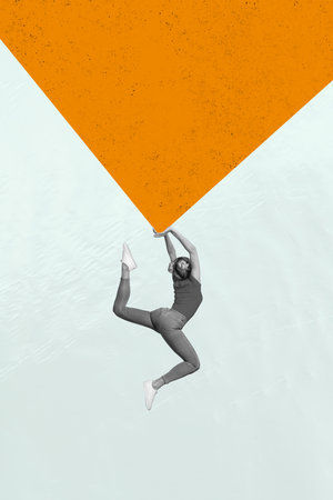 Vertical photo collage poster young jumping gymnast flexible girl perform exercise stretching sportswoman ballerina danceの写真素材