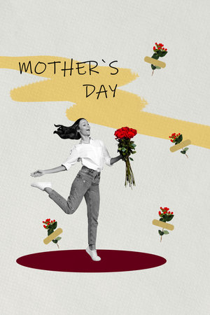 Composite collage picture image of excited happy young female hold roses bouquet celebrate mother day postcard weird freak bizarre unusualの写真素材