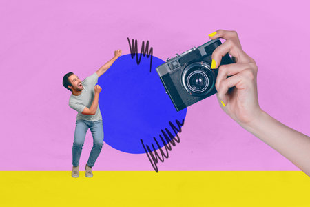 Trend artwork sketch image composite 3D photo collage of handsome smiled man model posing huge hand...