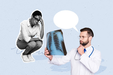 Composite photo collage of doctor hold xray examine lungs illness prevention covid upset american girl isolated on painted backgroundの写真素材