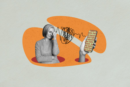Composite image collage of upset woman headache problem hand hold iphone lie fake propaganda...