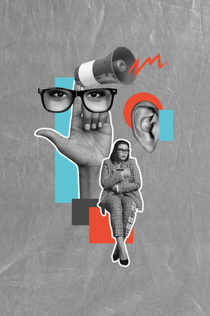 Vertical image collage of scared businesswoman hold ipad boss spy ear control pressure abuse loudspeaker isolated on painted backgroundの写真素材