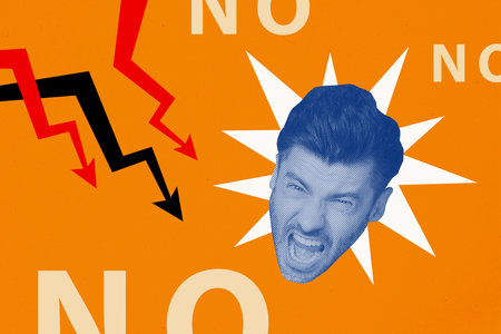 Sketch artwork trend composite image 3d collage photo of huge silhouette mans head angry moody conflict emotions scream loud voice word no lighting bolt aroundの写真素材