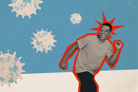 Artwork image trend sketch composite 3d collage photo of silhouette black white handsome guy run away from huge virus strain pursue man protected from diseaseの写真素材