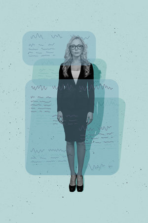 Vertical collage poster standing young businesswoman employee secretary project manager data research report diagram statistics interfaceの写真素材