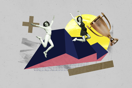 Composite collage picture image of jumping female celebrate golden goblet achieve aim fantasy billboard comics zine minimalの写真素材