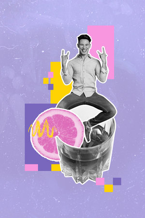 Vertical image collage of happy guy sit cognac glass alcohol party rock gesture carefree relax lemon isolated on painted backgroundの写真素材