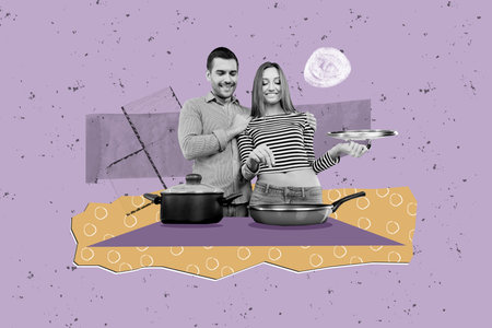 Composite photo collage of young happy couple cook dinner pan pot hug family romantic evening isolated on painted backgroundの写真素材