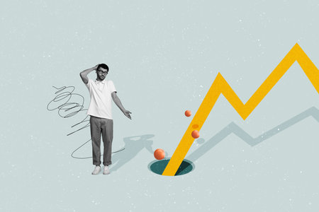 Composite photo collage of upset guy shrug shoulders arrow down hole dollar coin penny recession bankrupt isolated on painted backgroundの写真素材