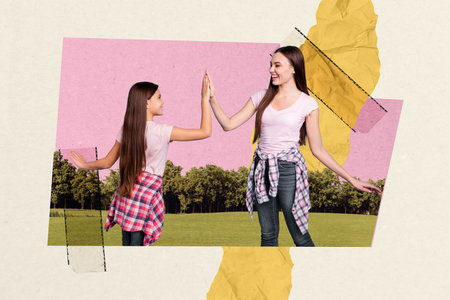 Sketch image composite artwork photo collage of two young girls teenager preteen give high five joy...