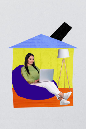 Composite collage picture image of remote working from home female comfort house concept fantasy billboard comics zine minimalの写真素材