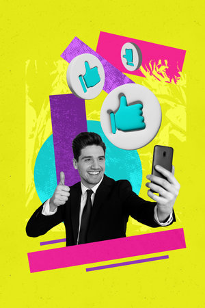 Vertical photo collage of happy businessman make selfie hold a smartphone device thumb up blogger...