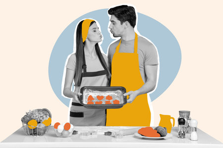 Creative trend collage of cute couple cooking together have fun baking cookies spend time together weird freak bizarre unusual fantasyの写真素材