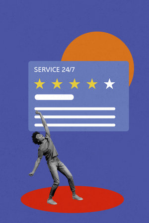 Vertical photo collage of happy american guy jump hand fist up stars support service review evaluation isolated on painted backgroundの写真素材