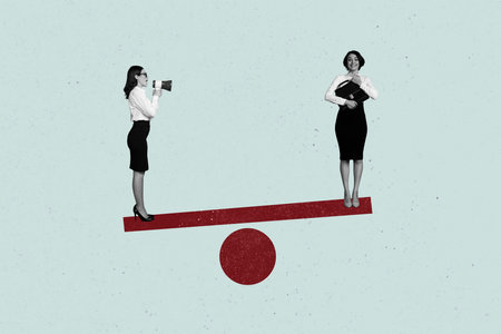 Composite photo collage of happy businesswoman stand scales carousel balance other hold megaphone promotion isolated on painted backgroundの写真素材