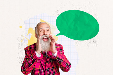 Creative collage image screaming man elderly grandfather textbox discussion forum opinion share...