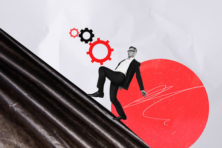 Composite photo collage of happy businessman climb up push gearwheel optimization progress development isolated on painted backgroundの写真素材