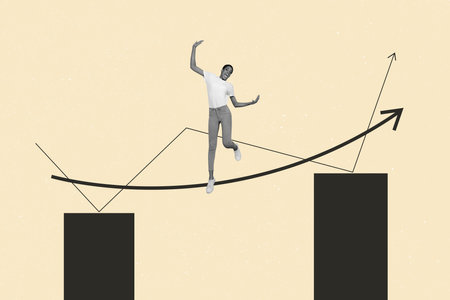 Photo collage composite trend sketch image of young happy lady keep balance on huge arrow like rope between stats columns career growthの写真素材