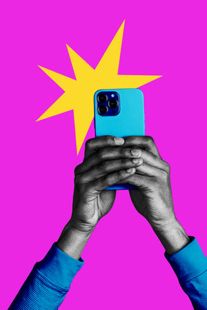 Vertical photo collage of hands hold new smartphone take photo shoot flashlight video rec technology isolated on painted backgroundの写真素材